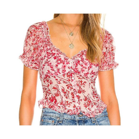 LoveShackFancy Bryant Top Silk Campfire Breeze Red Floral puff sleeve Size 10 - Picture 9 of 9